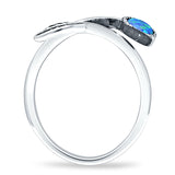 Round 10mm Lab Created Blue Opal Twisted Rope Feather Ring Oxidized 925 Sterling Silver