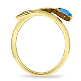 Round 10mm Lab Created Blue Opal Twisted Rope Feather Ring Oxidized 925 Sterling Silver