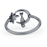 Oxidized Cat On Moon & Star Ring