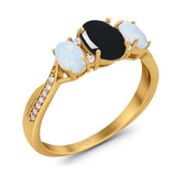 Three Stone Oval Natural Stone Wedding Ring