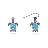 Art Deco 15.5mm Lab Created Blue Opal Dangle Turtle Fishhook Earring 925 Sterling Silver