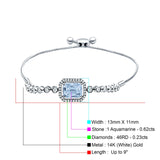 14K White Gold Emerald Cut Aquamarine Adjustable Bolo Chain Bracelet Natural Diamond