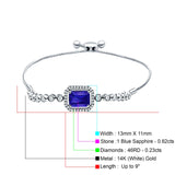 14K White Gold Emerald Cut Blue Sapphire Adjustable Bolo Chain Bracelet Natural Diamond