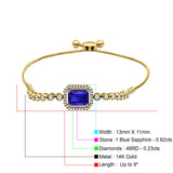 14K Yellow Gold Emerald Cut Blue Sapphire Adjustable Bolo Chain Bracelet Natural Diamond