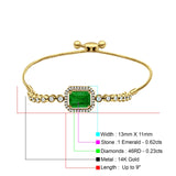 14K Yellow Gold Emerald Cut Green Emerald Adjustable Bolo Chain Bracelet Natural Diamond