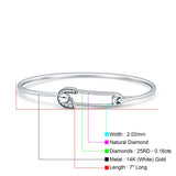 14K Gold 7In Safety Pin Bangle Bracelet 2.02mm Round Natural Diamond