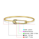 14K Gold 7In Safety Pin Bangle Bracelet 2.02mm Round Natural Diamond