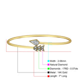 14K Gold Arrow Feather Cuff 2.06mm Adjustable Bangle Bracelet Natural Diamond