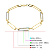 14K Gold 5.35mm Paperclip Link Chain Bracelet Natural Round Diamond