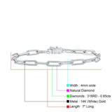 14K Gold 7" Paperclip Link Chain 4mm Round Natural Diamond Bracelet