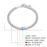 14K White Gold Oval Aquamarine Cluster Natural Diamond Cuban Link Chain Bracelet