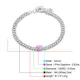 14K White Gold Oval Pink Sapphire Cluster Natural Diamond Cuban Link Chain Bracelet
