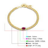 14K Yellow Gold Oval Ruby Cluster Natural Diamond Cuban Link Chain Bracelet