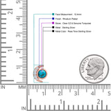 Minimalist 10.4mm Crescent Moon Stud Earrings Turquoise & Cubic Zirconia 925 Sterling Silver