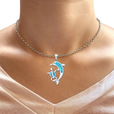 Lab Created Blue Opal Dolphin Turtle Pendant Rolo Chain Necklace 925 Sterling Silver