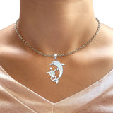 Lab Created White Opal Dolphin Turtle Pendant Rolo Chain Necklace 925 Sterling Silver