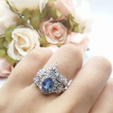 Oval Natural Stone Wedding Set Chevron Ring