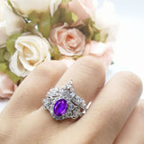 Oval Natural Stone Wedding Set Chevron Ring