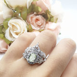 Oval Natural Stone Wedding Set Chevron Ring