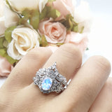 Oval Natural Stone Wedding Set Chevron Ring
