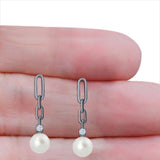 Round Cubic Zirconia & Pearl Paperclip Stud Earrings 925 Sterling Silver