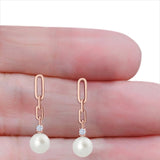 Round Cubic Zirconia & Pearl Paperclip Stud Earrings 925 Sterling Silver