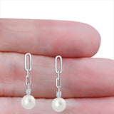 Round Cubic Zirconia & Pearl Paperclip Stud Earrings 925 Sterling Silver