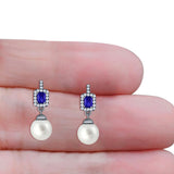Emerald Cut Blue Cubic Zirconia & Pearl Charm Stud Earrings 925 Sterling Silver