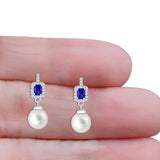 Emerald Cut Blue Cubic Zirconia & Pearl Charm Stud Earrings 925 Sterling Silver