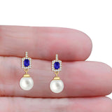 Emerald Cut Blue Cubic Zirconia & Pearl Charm Stud Earrings 925 Sterling Silver