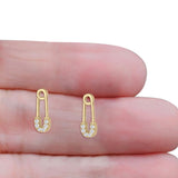Minimalist 16mm Safety Pin Stud Earrings Round Cubic Zirconia 925 Sterling Silve