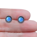 Round Lab Created Opal Beaded Oxidized Stud Earring 925 Sterling Silver