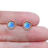 Round Lab Created Opal Beaded Oxidized Stud Earring 925 Sterling Silver