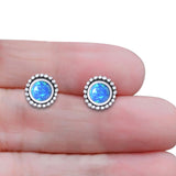 Round Lab Created Opal Beaded Oxidized Stud Earring 925 Sterling Silver