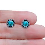 Round Lab Created Opal Beaded Oxidized Stud Earring 925 Sterling Silver