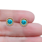 Round Lab Created Opal Beaded Oxidized Stud Earring 925 Sterling Silver