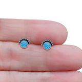 Round Solitaire Lab Created Opal Oxidized Stud Earring Beaded Design 925 Sterling Silver