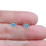 Round Solitaire Lab Created Opal Oxidized Stud Earring Beaded Design 925 Sterling Silver