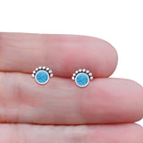 Round Solitaire Lab Created Opal Oxidized Stud Earring Beaded Design 925 Sterling Silver