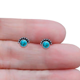 Round Solitaire Lab Created Opal Oxidized Stud Earring Beaded Design 925 Sterling Silver