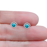 Round Solitaire Lab Created Opal Oxidized Stud Earring Beaded Design 925 Sterling Silver