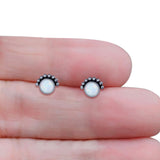 Round Solitaire Lab Created Opal Oxidized Stud Earring Beaded Design 925 Sterling Silver