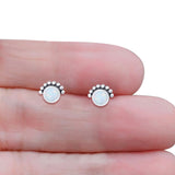 Round Solitaire Lab Created Opal Oxidized Stud Earring Beaded Design 925 Sterling Silver