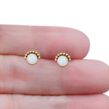 Round Solitaire Lab Created Opal Oxidized Stud Earring Beaded Design 925 Sterling Silver