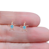 Turtle Dangle Drop 17.3mm Fishhook Earring Lab Created Blue Opal 925 Sterling Silver