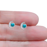 Minimalist 10.4mm Crescent Moon Stud Earrings Turquoise & Cubic Zirconia 925 Sterling Silver