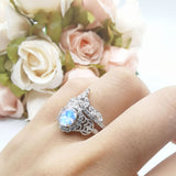 Oval Natural Stone Wedding Set Chevron Ring