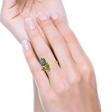 Lab Created Blue Opal Bee Flower Ring Oxidized 925 Sterling Silver