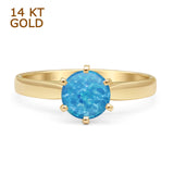 14K Yellow Gold Round Solitaire Lab Created Blue Opal Art Deco Ring