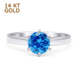 14K White Gold Round Solitaire Blue Topaz CZ Art Deco Ring